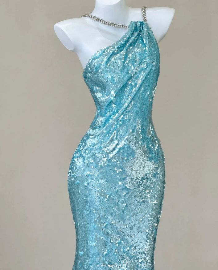 Sparkly Spaghetti Straps Blue Sequin Mermaid Evening Dress Long Prom Dresses SP710