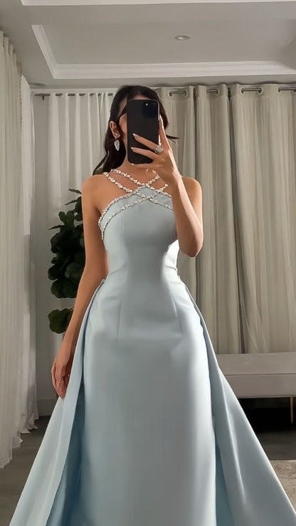 Gorgeous Blue Sleeveless Satin Beaded Mermaid Long Prom Dress Evening Gown