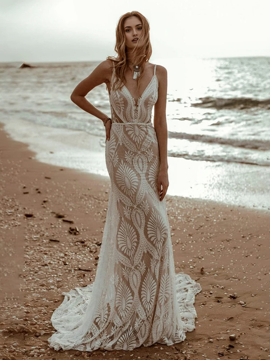 omberprom Beach Floral Mermaid Plunging Boho Lace Wedding Dress with Sweep Train