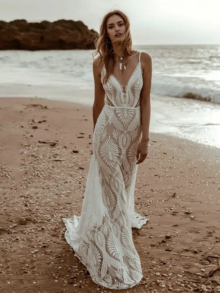 omberprom Beach Floral Mermaid Plunging Boho Lace Wedding Dress with Sweep Train