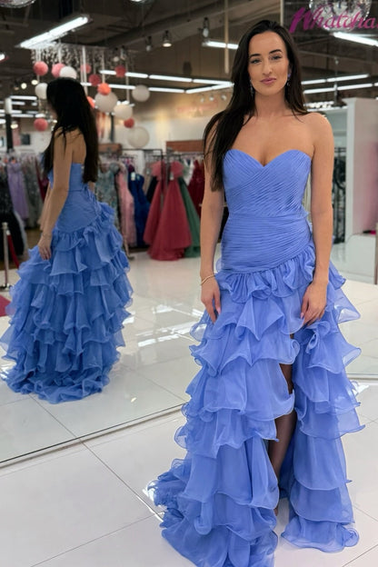 Beautiful Mermaid Sweetheart Blue Long Prom Dress with Ruffles
