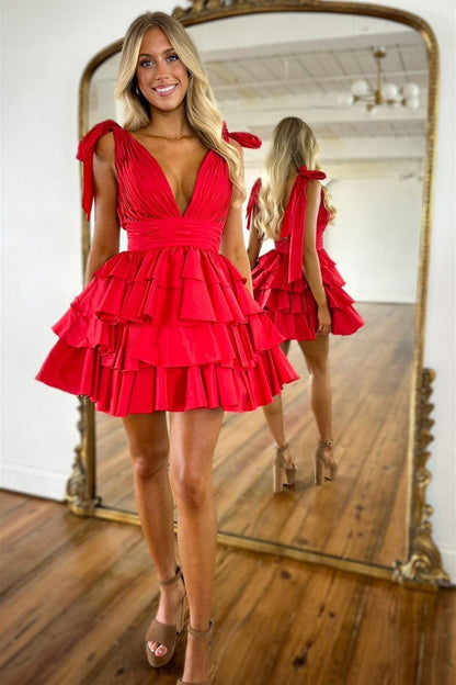 Elegant Black A-Line V-Neck Short Tiered Satin Dress Homecoming Dress