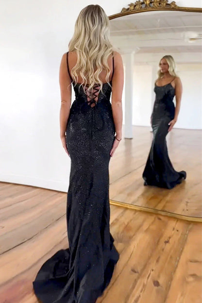 Black Glitter Beaded Mermaid Prom Dress with Spaghetti Straps and Lace-Up Back
