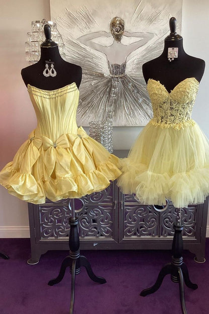 Pink A-Line Strapless Short Satin Homecoming Dress with Bowknot Detail