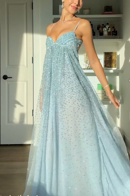 Bling A Line Spaghetti Straps Grey Blue Long Party Dress with Beading