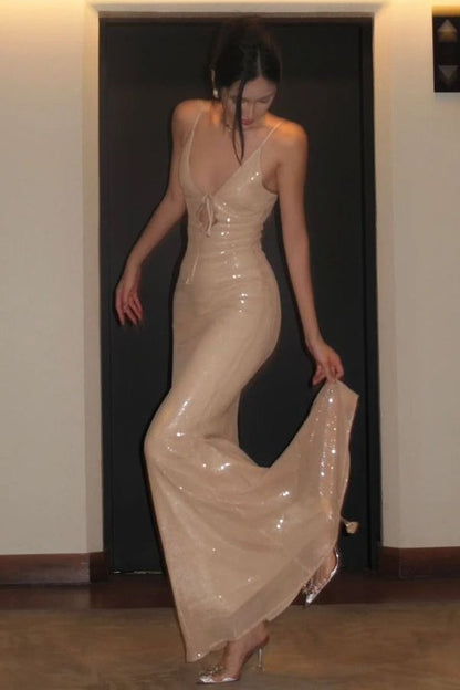 Bling Mermaid Spaghetti Straps Light Champagne Sequins Long Prom Dress