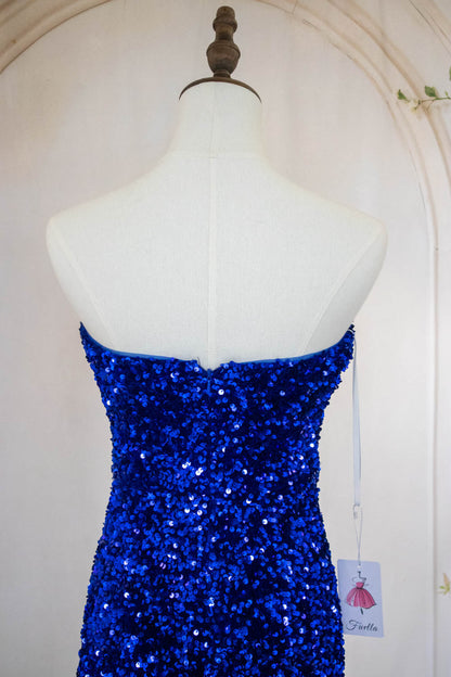 Bling Mermaid Strapless Royal Blue Sequins Long Prom Dress with Split Front