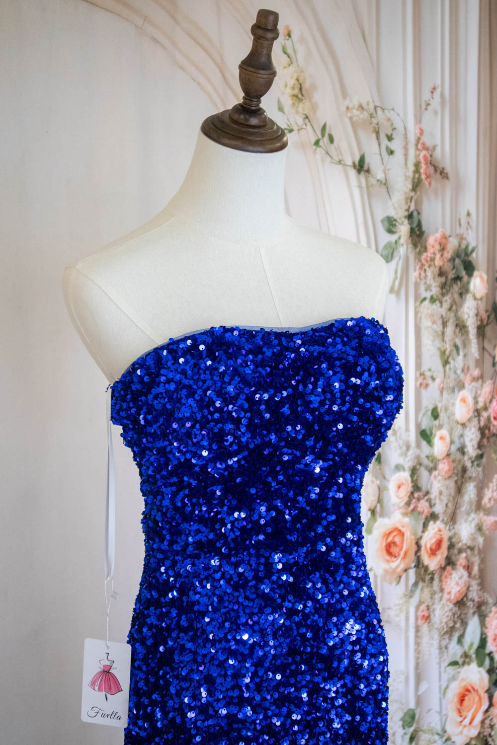 Bling Mermaid Strapless Royal Blue Sequins Long Prom Dress with Split Front