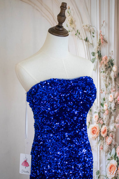Bling Mermaid Strapless Royal Blue Sequins Long Prom Dress with Split Front