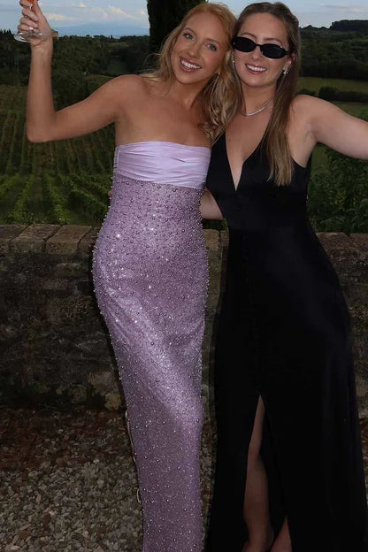 Bling Sheath Strapless Lilac Long Prom Dress with Pearls Slit
