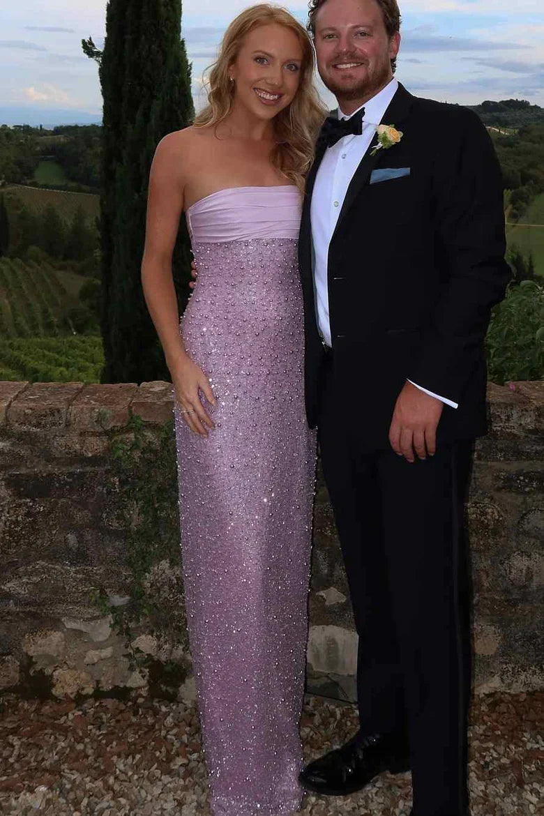 Bling Sheath Strapless Lilac Long Prom Dress with Pearls Slit