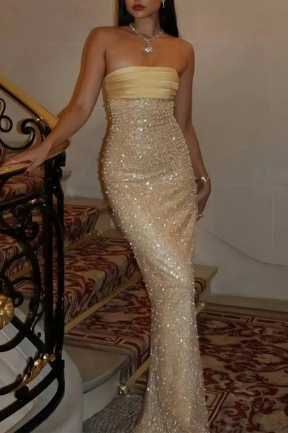 Bling Sheath Strapless Lilac Long Prom Dress with Pearls Slit