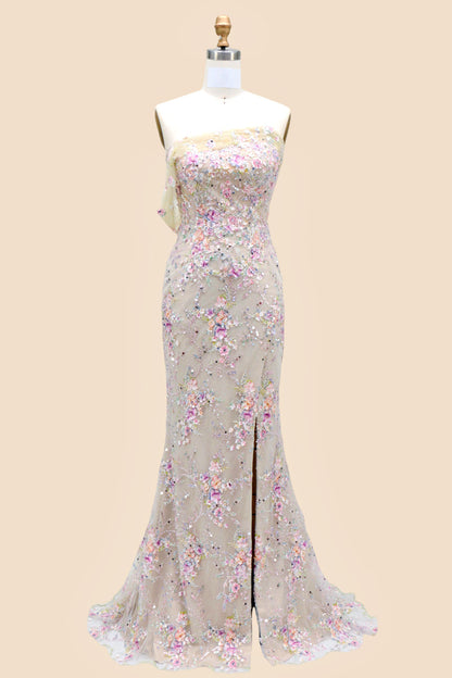 Blossom Shimmer One Shoulder Sequin Prom Dress with Floral Embellishments