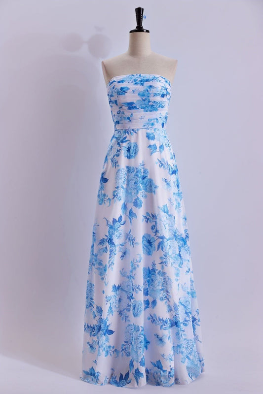 Blue Floral Print Strapless Prom Dress Long Formal Evening Dresses