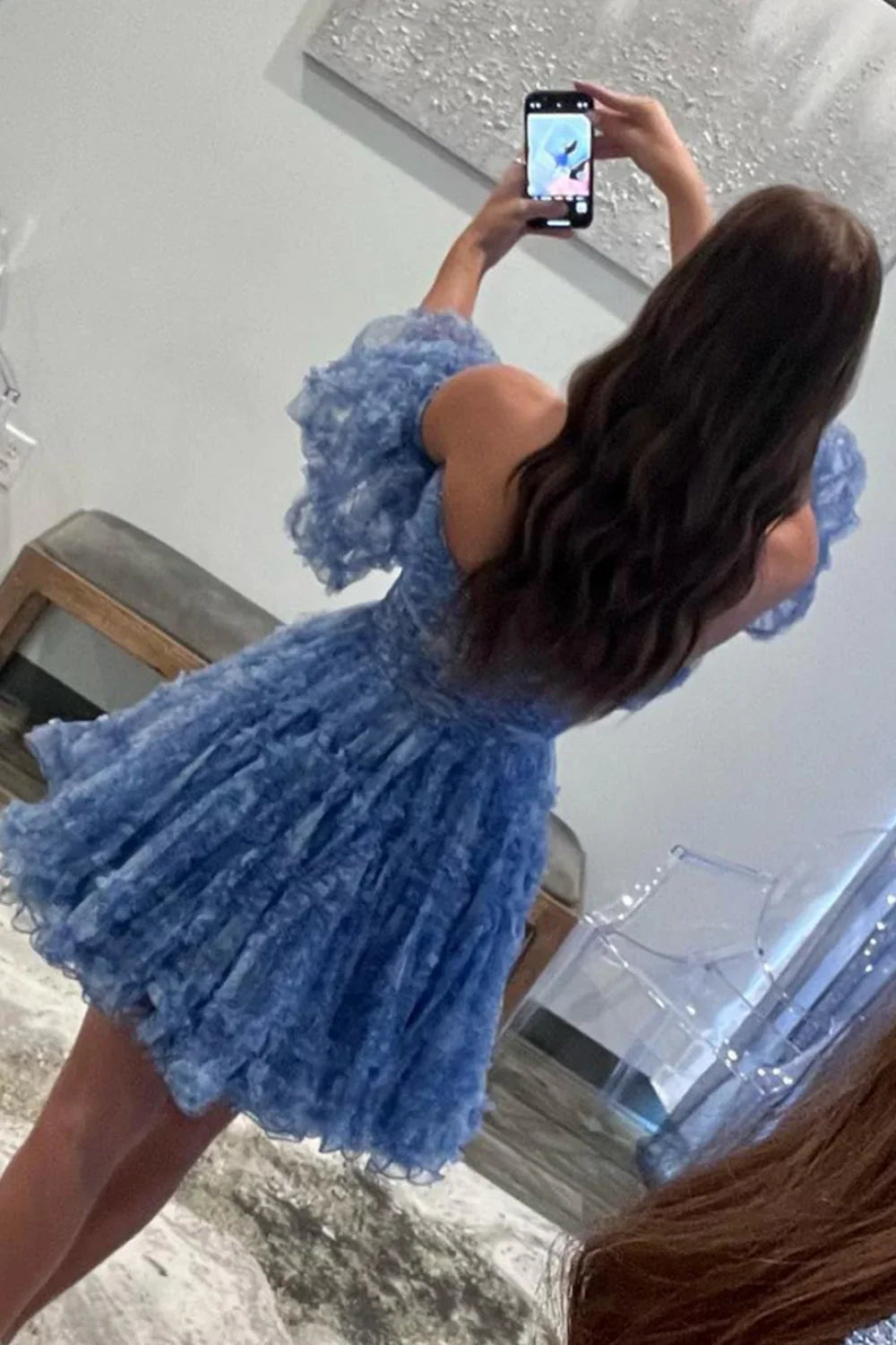 Blue A-Line Organza Print Floral Homecoming Dresses