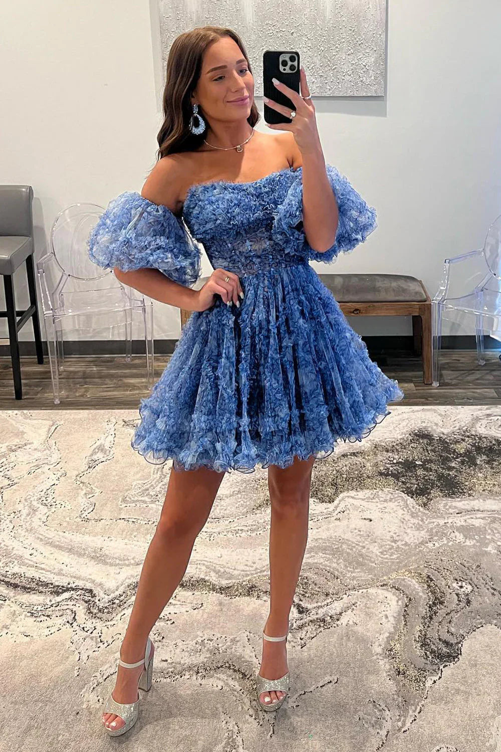 Blue A-Line Organza Print Floral Homecoming Dresses