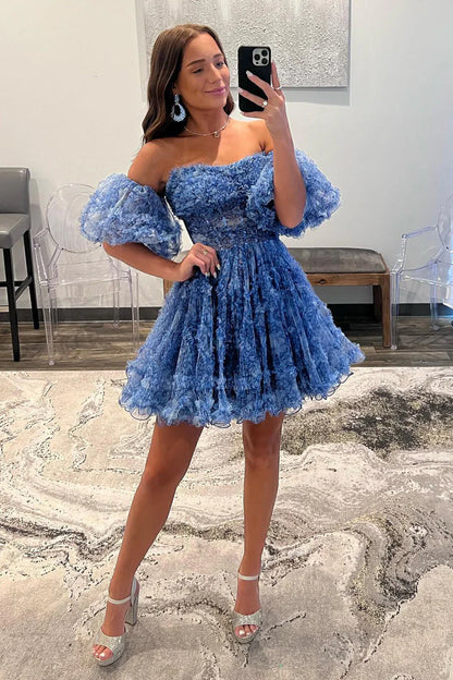 Blue A-Line Organza Print Floral Homecoming Dresses