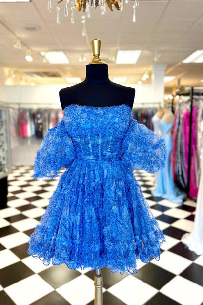 Blue A-Line Organza Print Floral Homecoming Dresses