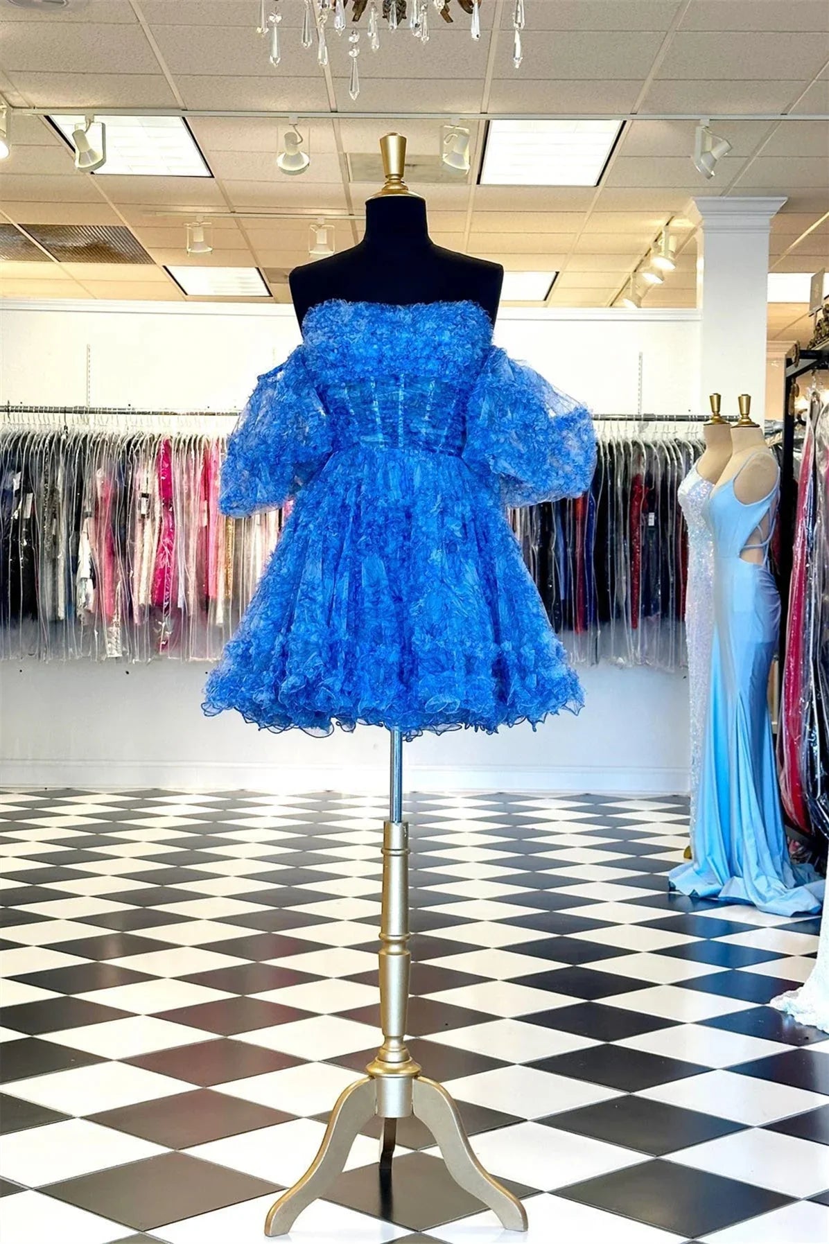 Blue A-Line Organza Print Floral Homecoming Dresses