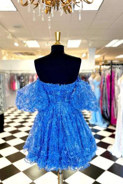 Blue A-Line Organza Print Floral Homecoming Dresses