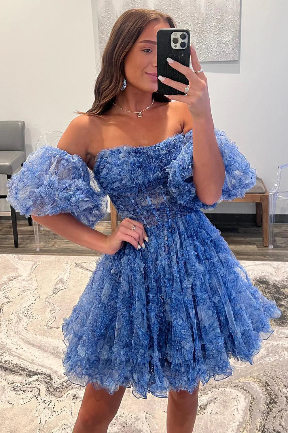 Blue A-Line Organza Print Floral Homecoming Dresses