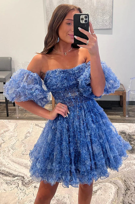 Blue A-Line Organza Print Floral Homecoming Dresses