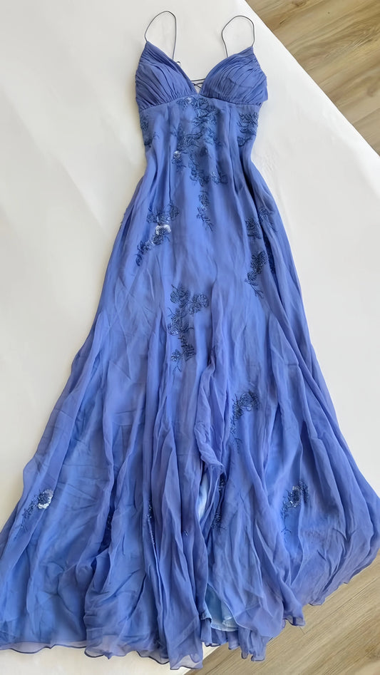Blue Long Prom Dresses, Chiffon Evening Dresses, Appliques Party Dresses, Sheath Formal Dress