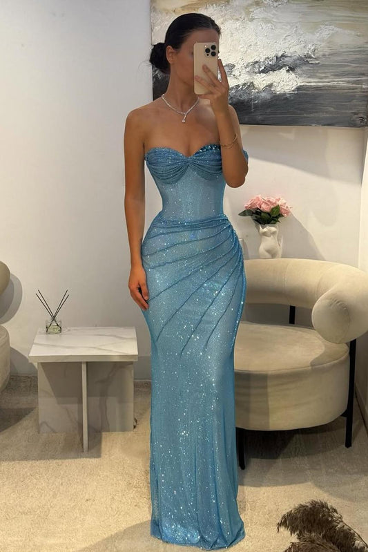 Blue One-Shoulder Sparkly Mermaid Prom Dress with Ruched Detailing