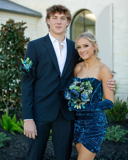 Fashion Blue Velvet Tight Design Party Gown Elegant Strapless Homecoming Dress TP3551
