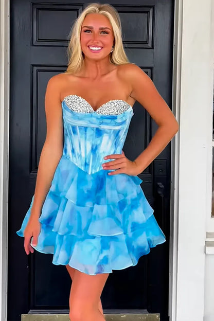Blue Watercolor Corset Homecoming Dress with Tiered Ruffle Skirt and Beading