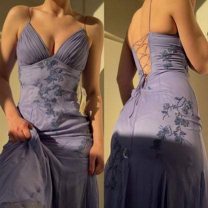Blue Spaghetti Straps Chiffon Long Prom Dress - V-Neck A-Line Gown with Lace