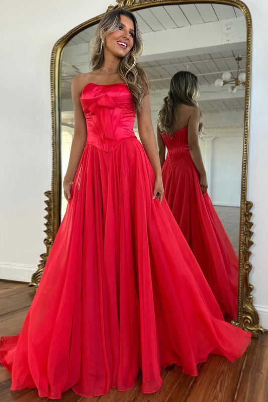 Blue Flowing Chiffon Strapless Corset Prom Dress with Bow Bodice