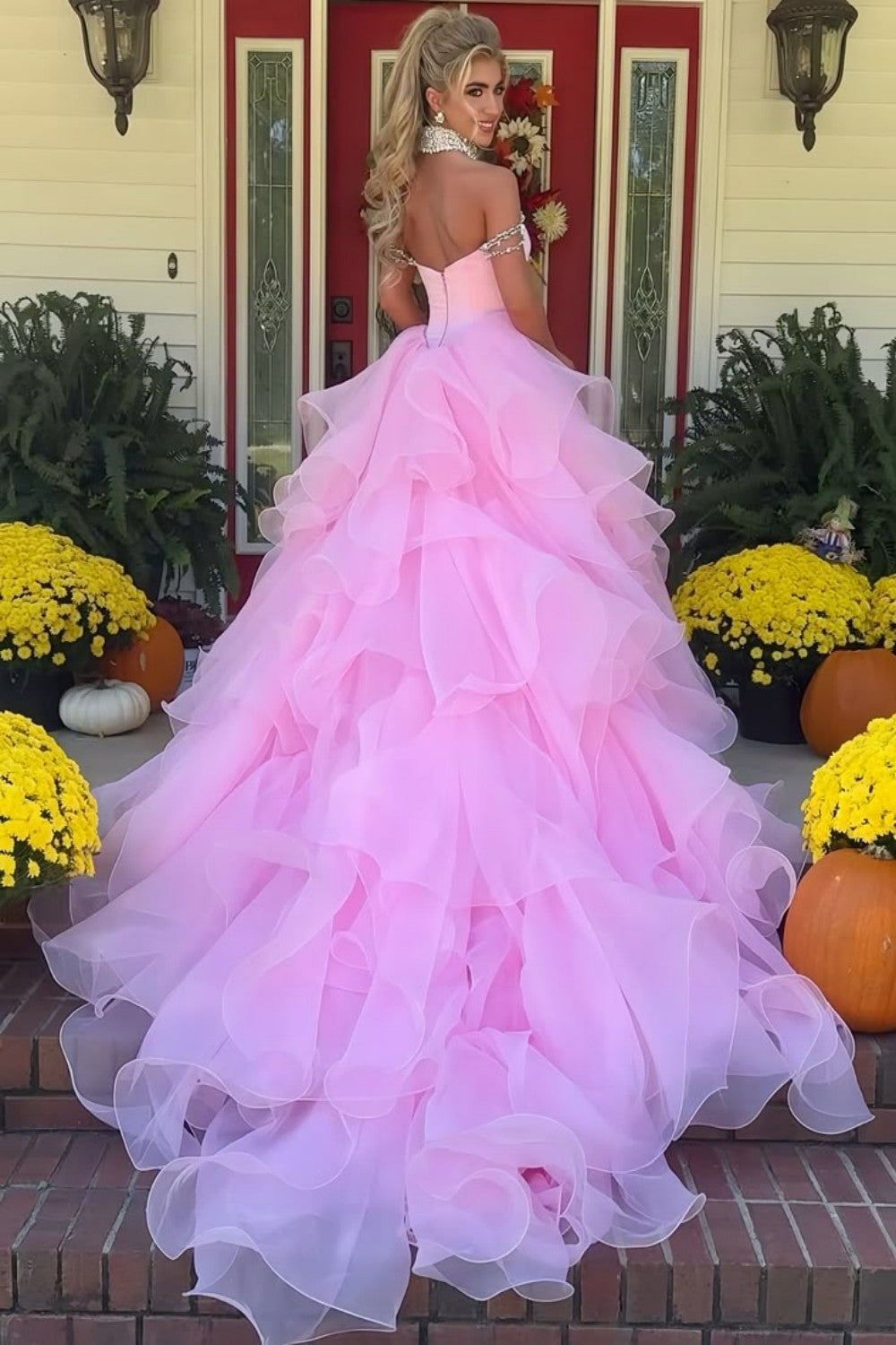 Blush Pink Off-the-Shoulder Ball Gown with Crystal Embellishments