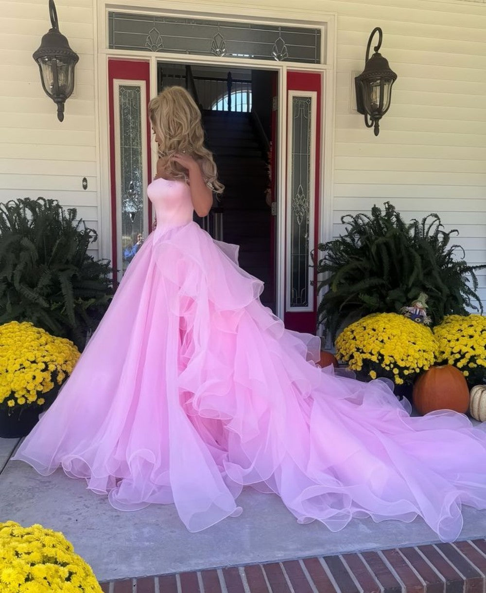 Blush Pink Off-the-Shoulder Ball Gown with Crystal Embellishments