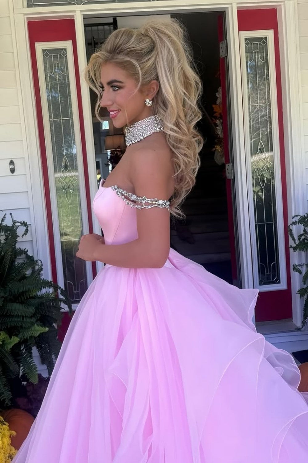 Blush Pink Off-the-Shoulder Ball Gown with Crystal Embellishments