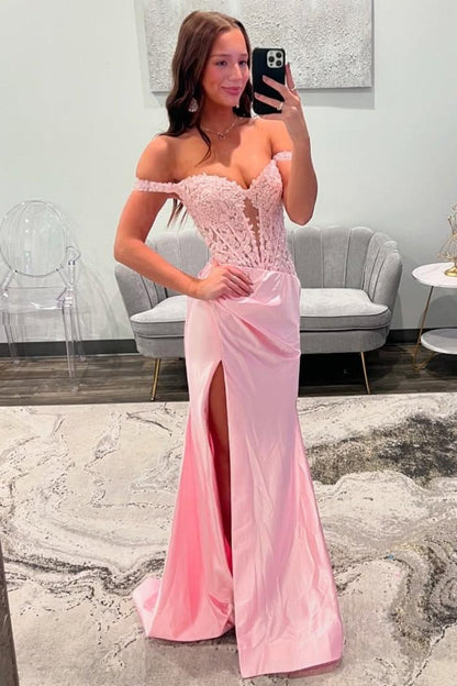Blush Pink Off-the-Shoulder Lace Corset Satin Prom Dress with High Slit
