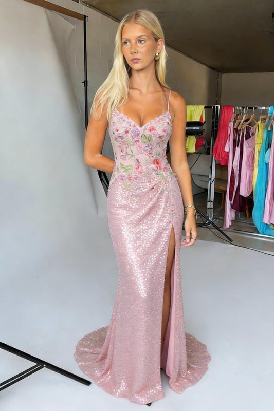 Blush Pink Sequin Floral Embroidered Spaghetti Strap Prom Dress with Slit
