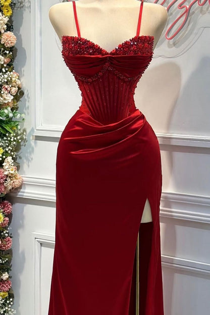 Blush Pink Strapless Beaded Corset Satin Mermaid Prom Dress with High Slit