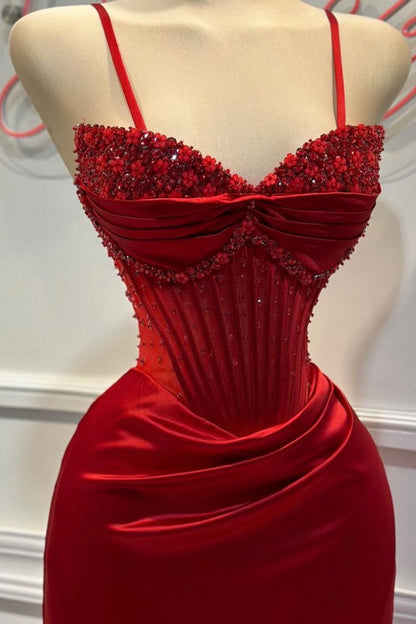Blush Pink Strapless Beaded Corset Satin Mermaid Prom Dress with High Slit