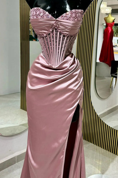 Blush Pink Strapless Beaded Corset Satin Mermaid Prom Dress with High Slit
