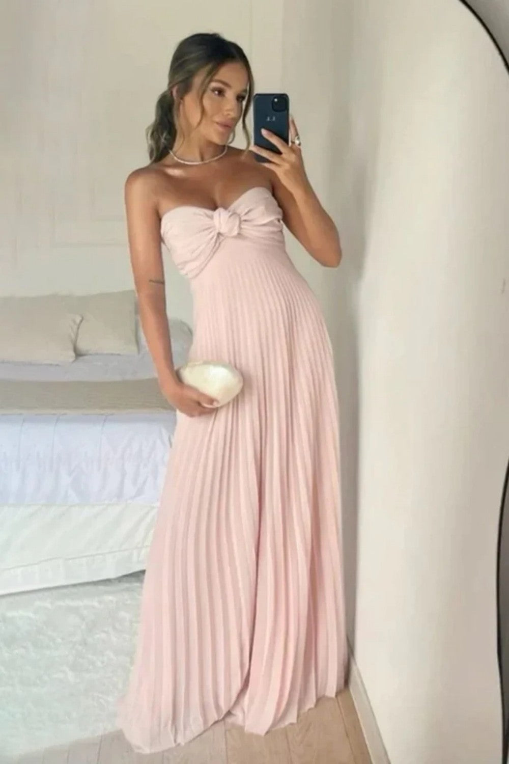 Blush Pink Strapless Knotted Bodice Pleated Maxi Prom Dress