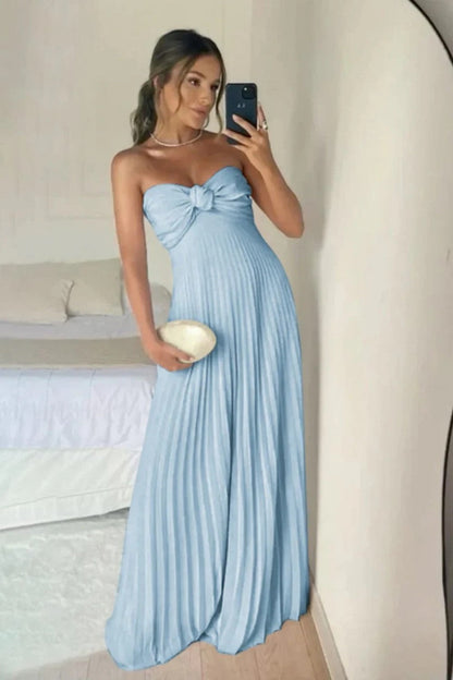 Blush Pink Strapless Knotted Bodice Pleated Maxi Prom Dress