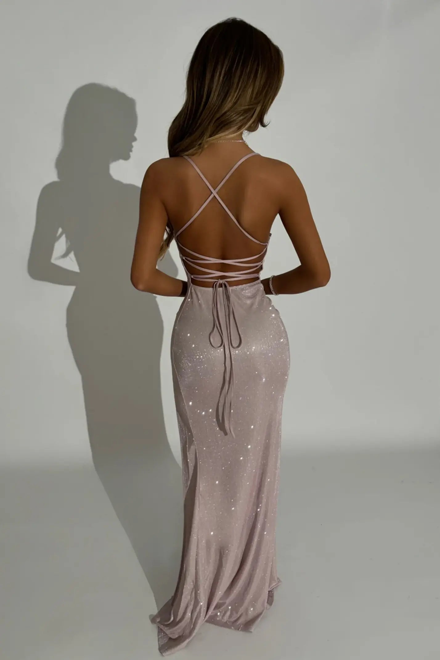 Blush Pink Strapless Lace Up Sparkle Prom Dress with Thigh-High Slit