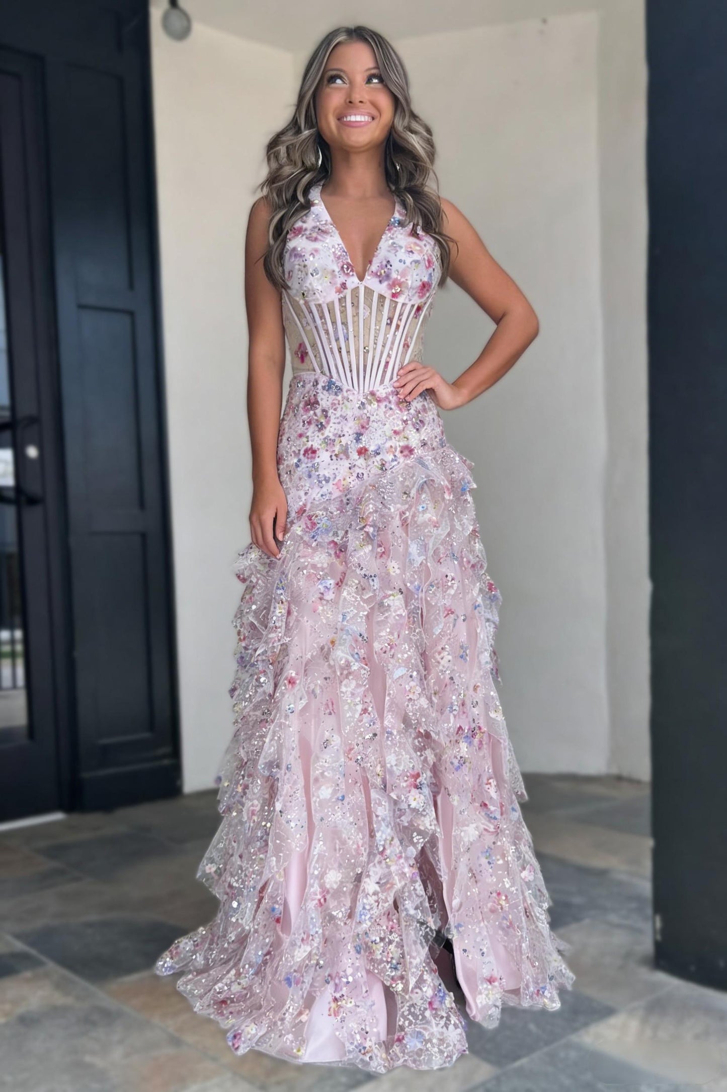 Blush Pink Floral Appliqué Halter Neck Ruffle Prom Gown with Corset Bodice