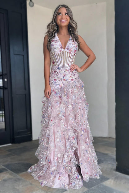 Blush Pink Floral Appliqué Halter Neck Ruffle Prom Gown with Corset Bodice
