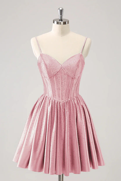 omberprom Short Homecoming Dress Cute Red A Line Spaghetti Straps Ruffle Corset with Beading