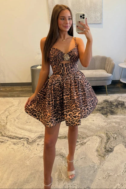 Bold Leopard Print Cutout Homecoming Dress with Jewel Bust Detail and Spaghetti Straps