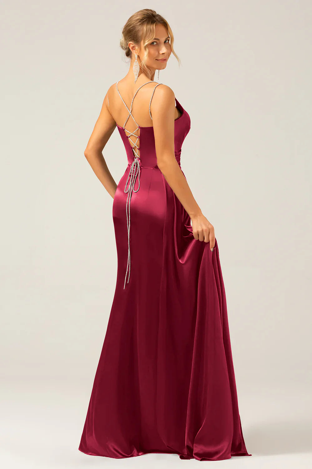 omberprom Burgundy Mermaid Prom Dresses Spaghetti Straps Pleated Sequin Maxi Dress With Slit