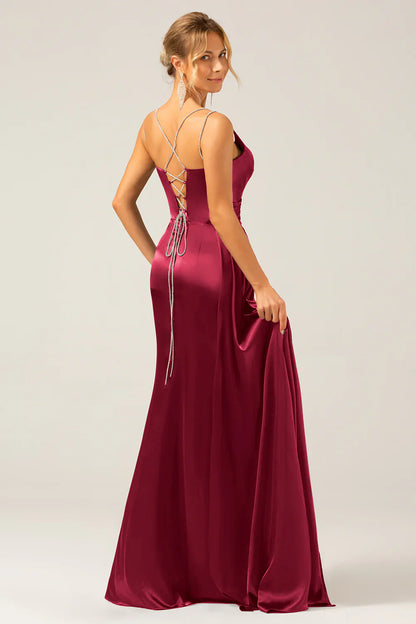 omberprom Burgundy Mermaid Prom Dresses Spaghetti Straps Pleated Sequin Maxi Dress With Slit