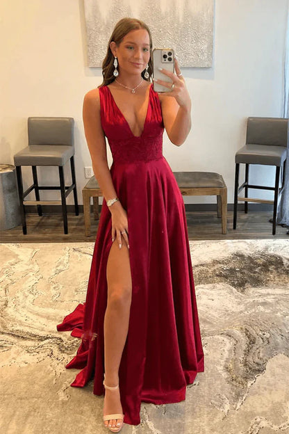 omberprom Burgundy V Neck Lace Long Prom Evening Dress with High Slit